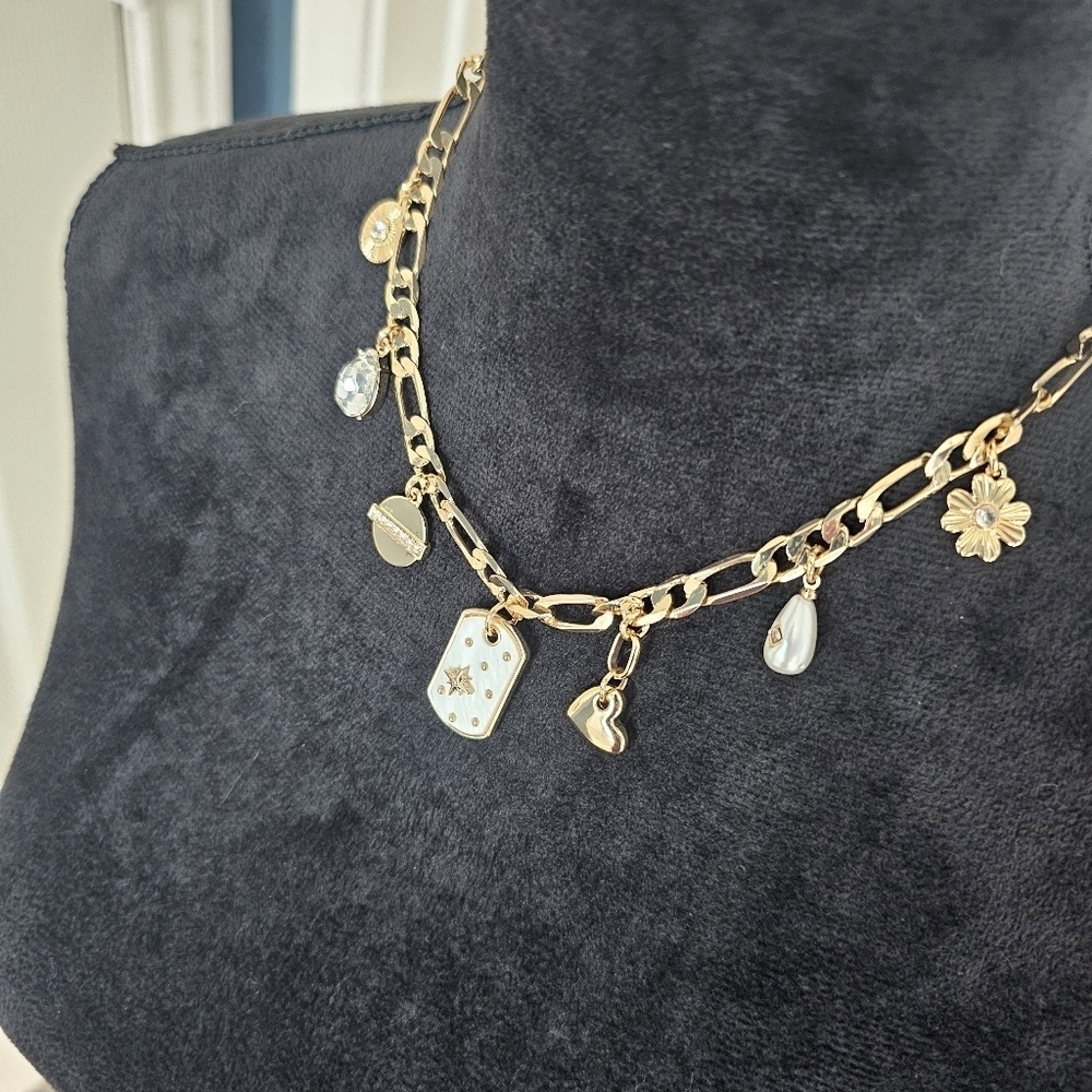 NWT On 34th Gold, Crystal, Pearl Mixed Charm Necklace Unique 18" - Picture 5 of 14